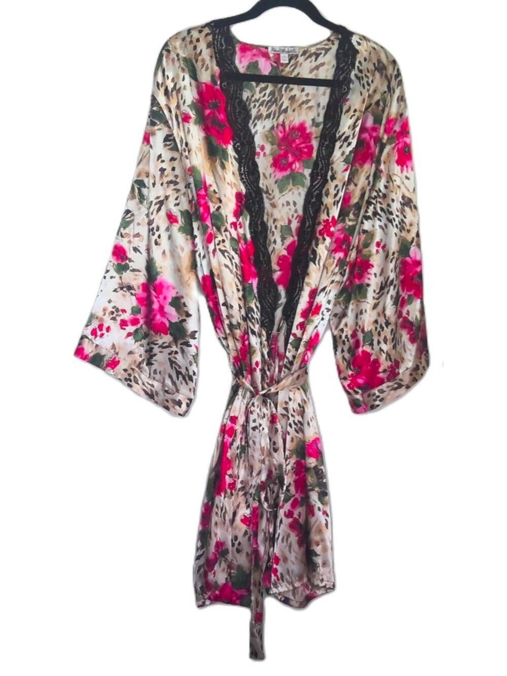 Linea Donatella Floral & Leopard Robe Flowy Satin Lace Trim 3/4 Sleeve Plus 3X